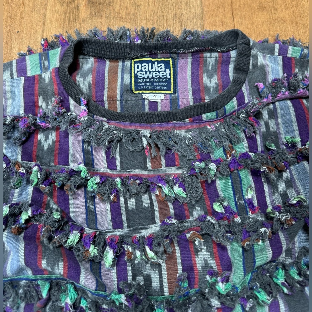 Paula Sweet‎ Muslin Mink Made in USA Vintage Fringe Long Sleeve Top Multicolor M - Picture 3 of 5